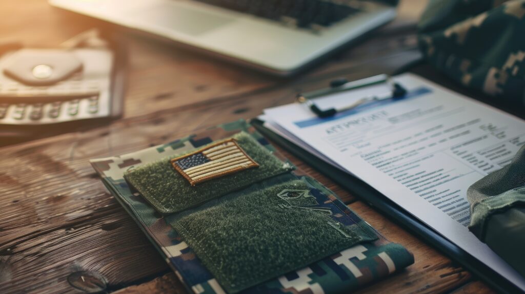 Documents, camouflage wallet, and laptop on wooden table