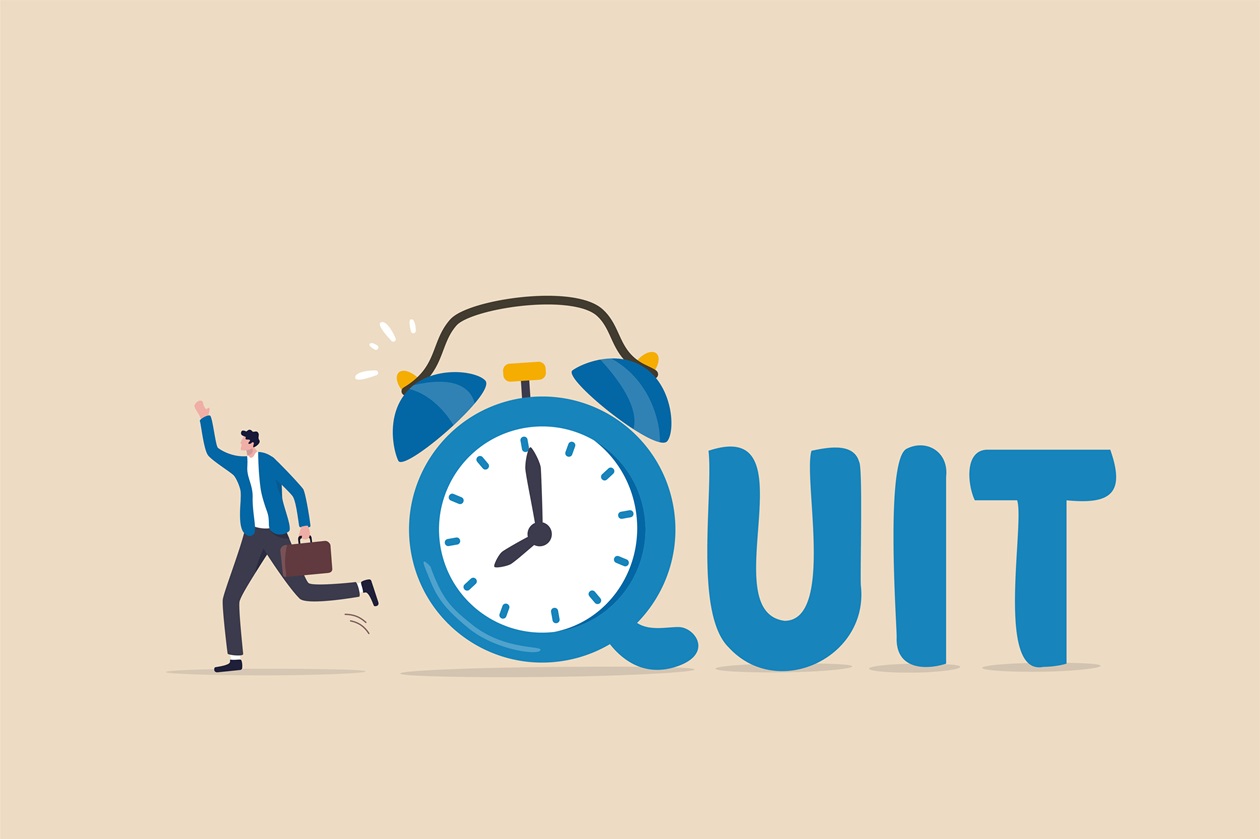 An employee running away from a clock with the text 'Quit'
