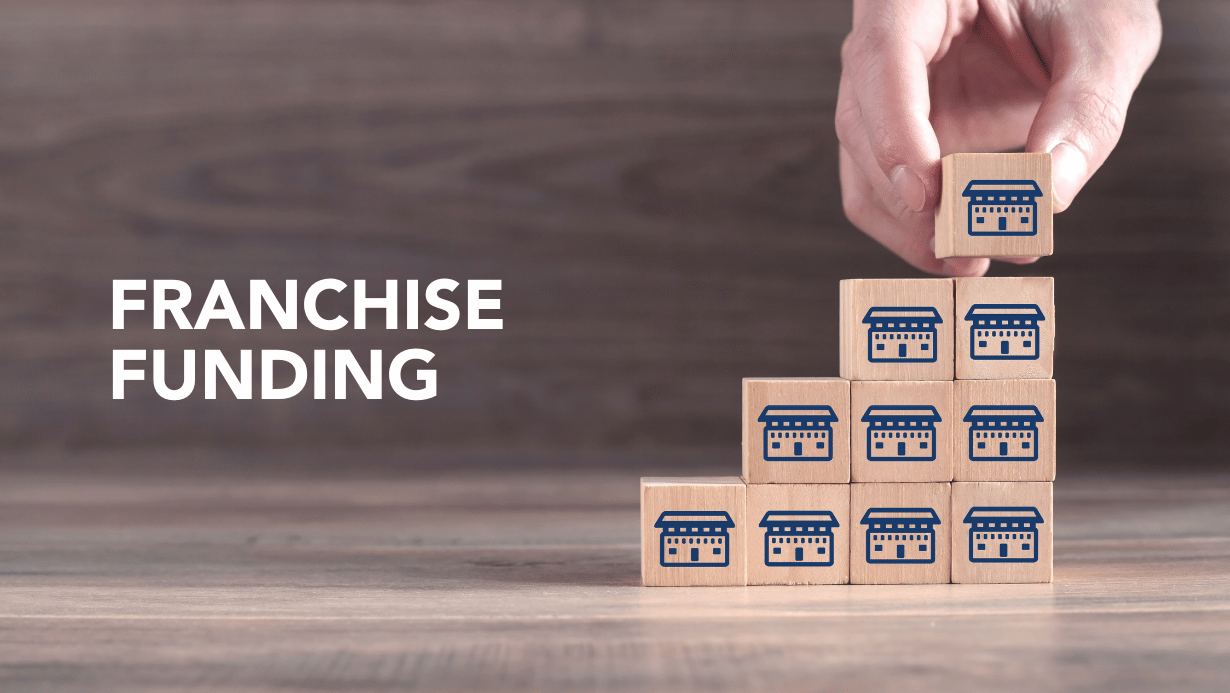 Franchise funding text and a hand holding wooden cube with franchise icon.
