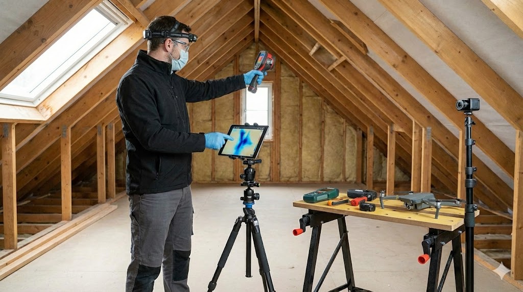 A home inspector with all the gears inspecting a newly constructed house.