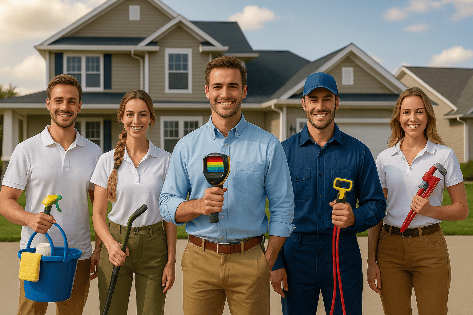 A group of five home service professionals—including a home inspector, cleaner, plumber, HVAC technician, and landscaper—standing in front of a house.