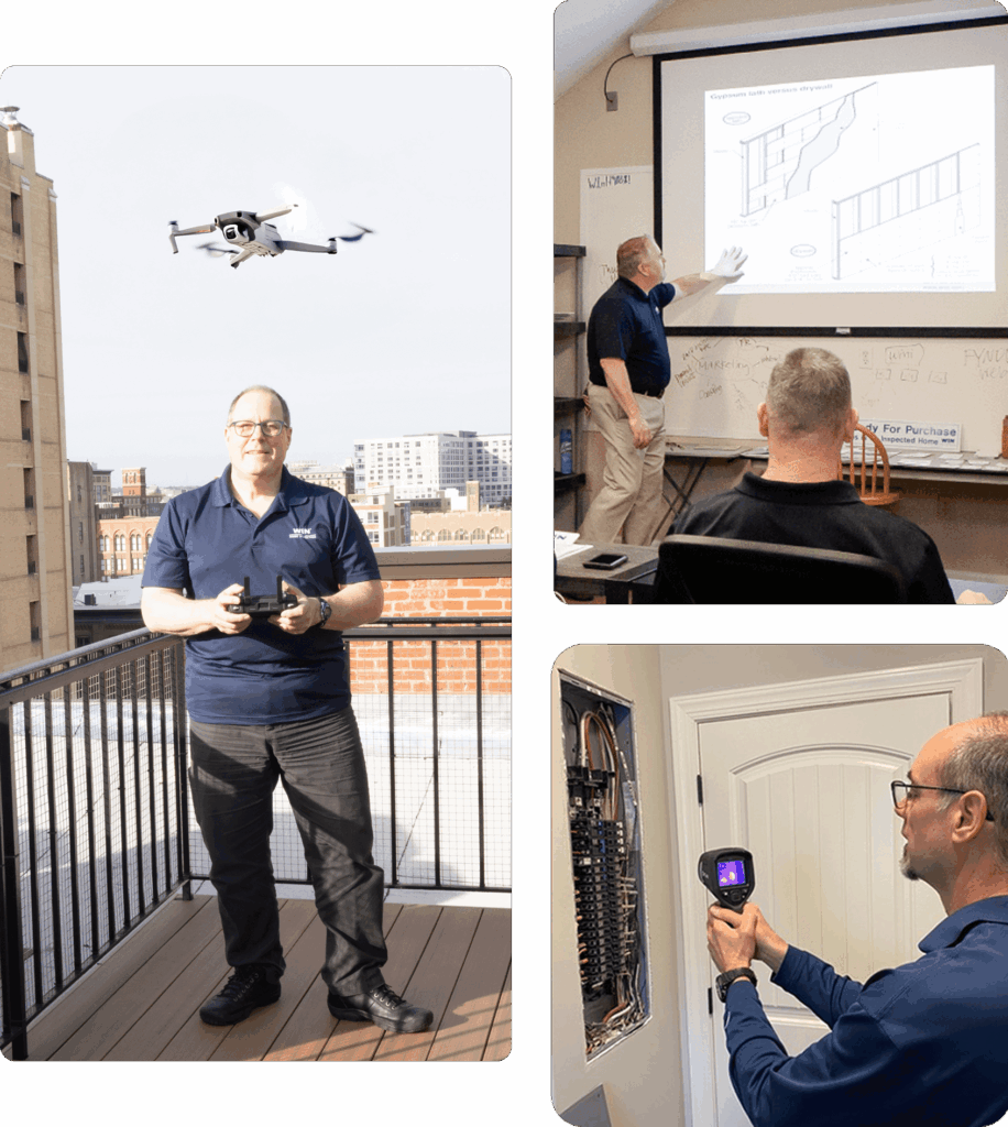 3 different images of home inspectors doing various things