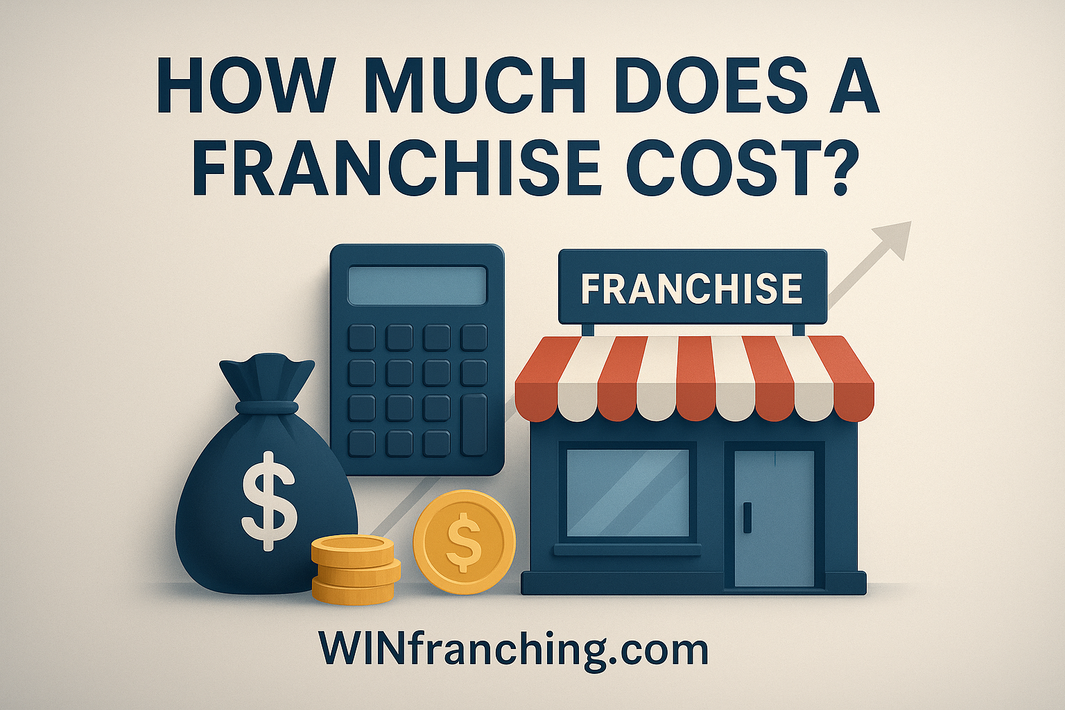 Franchise cost graphic with storefront, calculator, etc