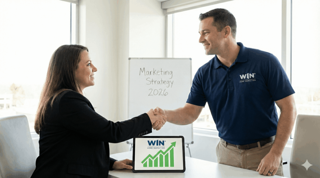 WIN Home Inspection franchise owner shaking hands with a marketing strategist.