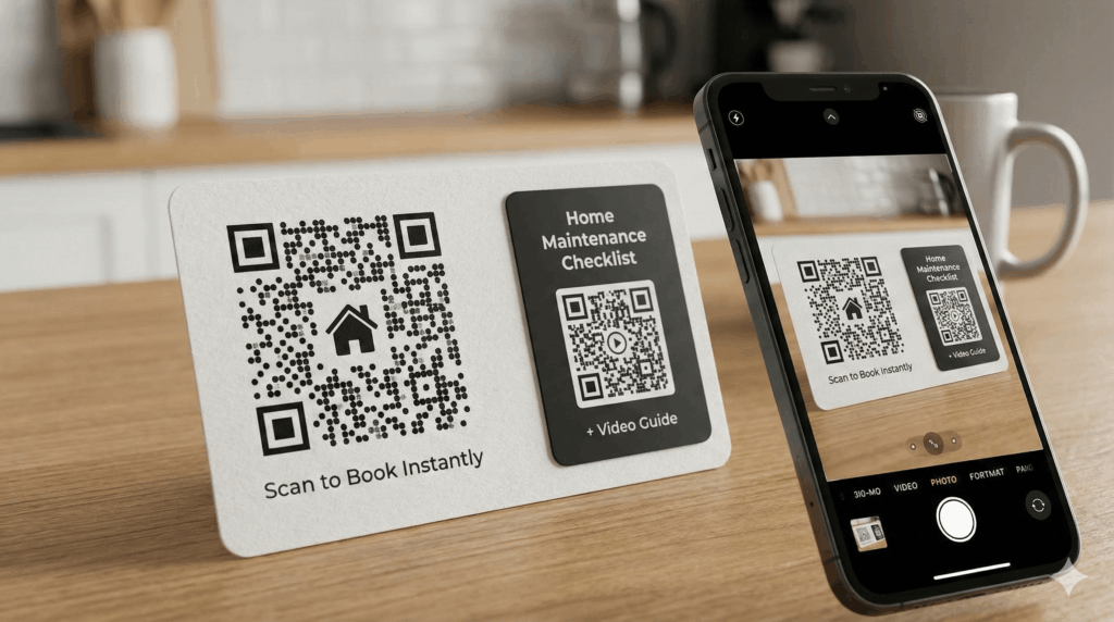 Smartphone scanning QR code on physical home maintenance business card.