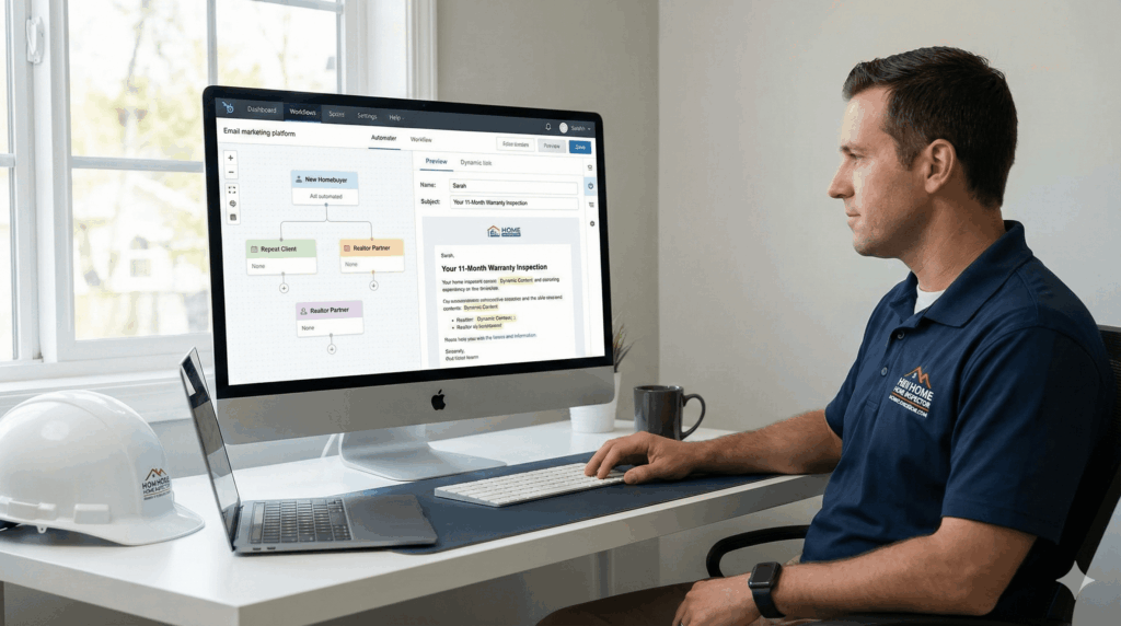 Home inspector setting up automated email drip campaign workflow on computer monitor.