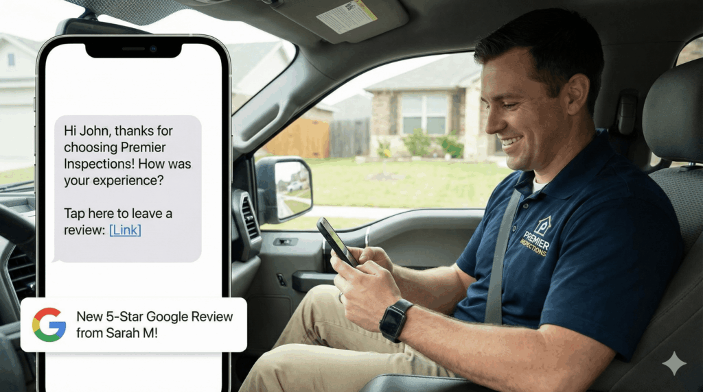 Inspector in truck viewing automated client review request text message.