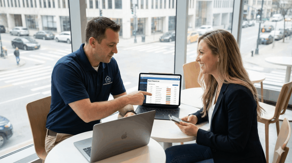 Home inspector and real estate agent collaborating on digital platform in a cafe.