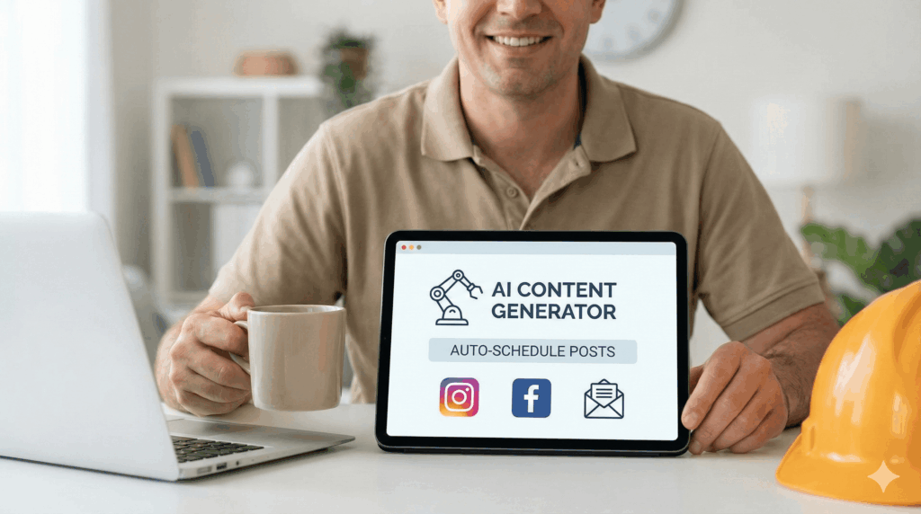 Home inspector at desk using AI content generator app on tablet.
