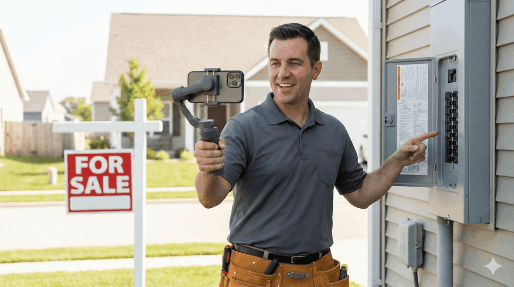 Home inspector filming social media video with smartphone gimbal on job site.