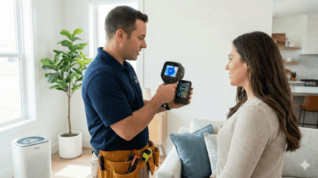 Inspector demonstrating thermal camera and air quality monitor readings to client.