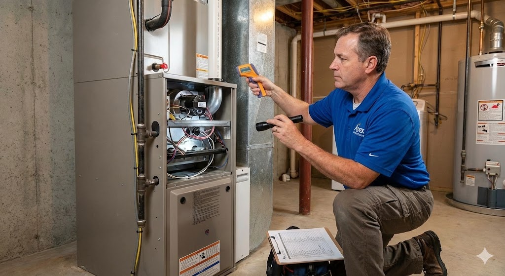A home inspector uses a flashlight and infrared thermometer to examine a basement furnace.