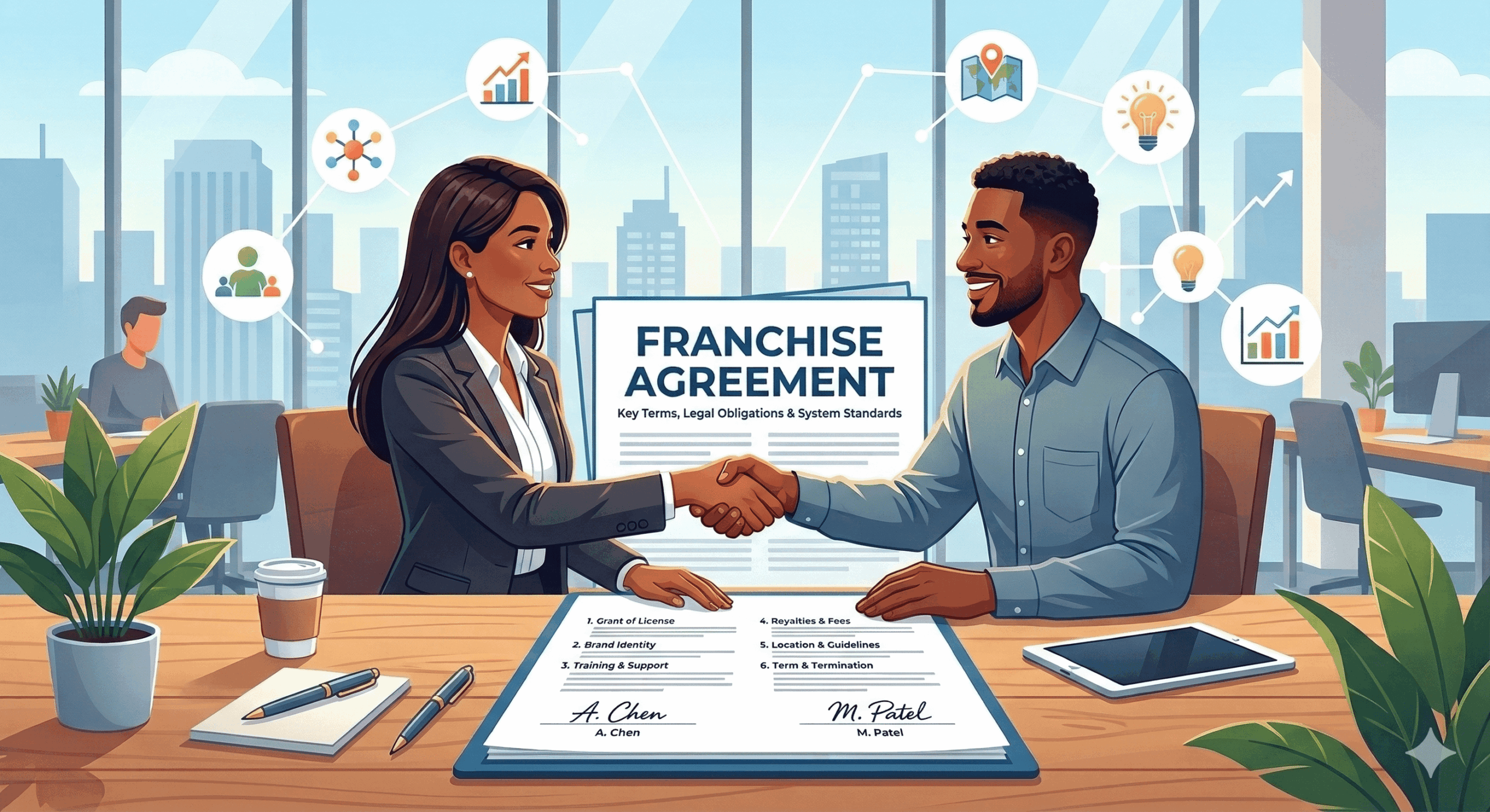 A vector illustration shows a businesswoman and a businessman shaking hands and signing a "Franchise Agreement" document at an office desk.